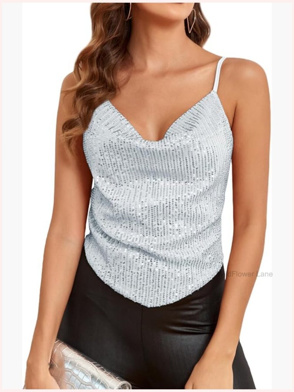 Sparkly Sequin Cami Crop Top Cowl Neck Spaghetti Strap Party Glitter Top